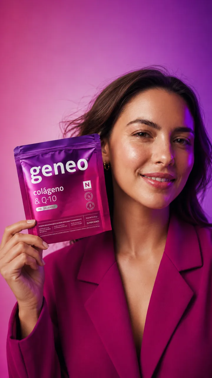 Woman holding Geneo Colágeno & Q10